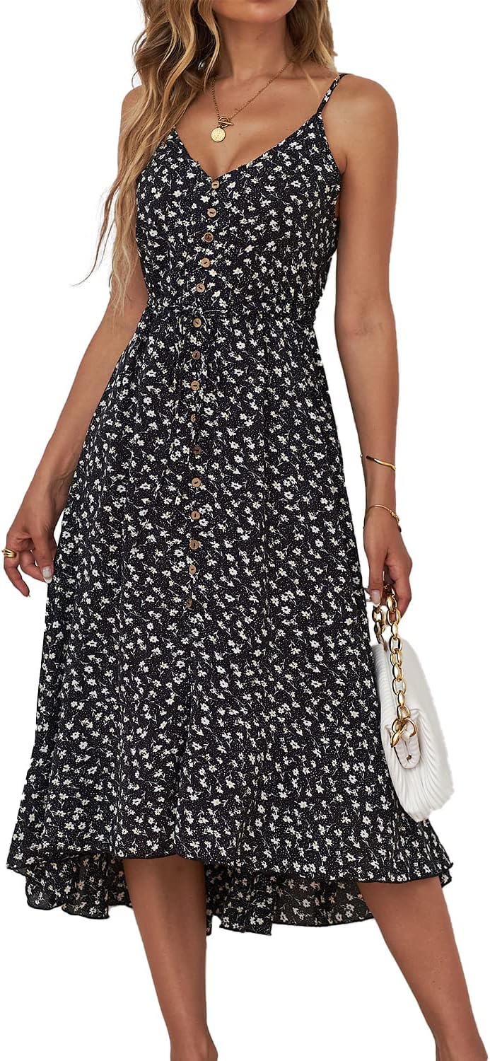 BROVAVE Women's 2024 Summer Casual Boho Sundress Polka Dot Spaghetti Strap V Neck Flowy Midi Dresses