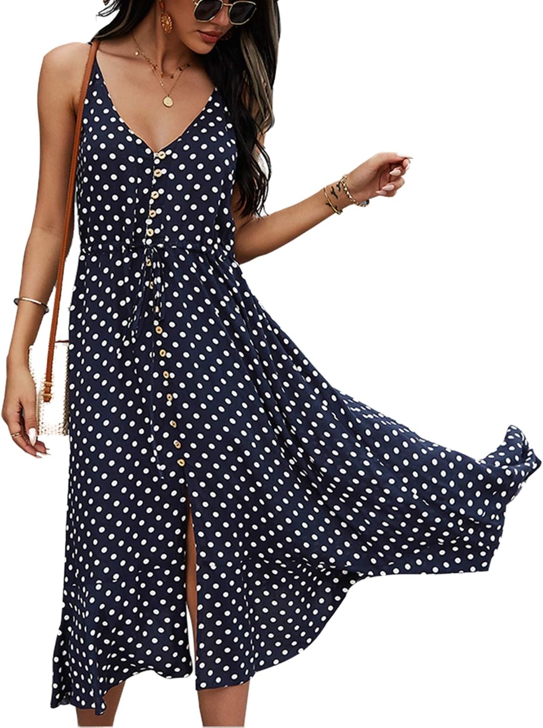 BROVAVE Women's 2024 Summer Casual Boho Sundress Polka Dot Spaghetti Strap V Neck Flowy Midi Dresses