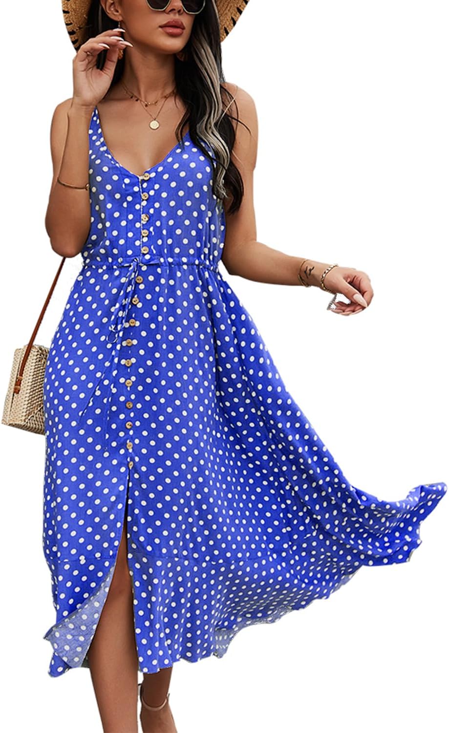 BROVAVE Women's 2024 Summer Casual Boho Sundress Polka Dot Spaghetti Strap V Neck Flowy Midi Dresses