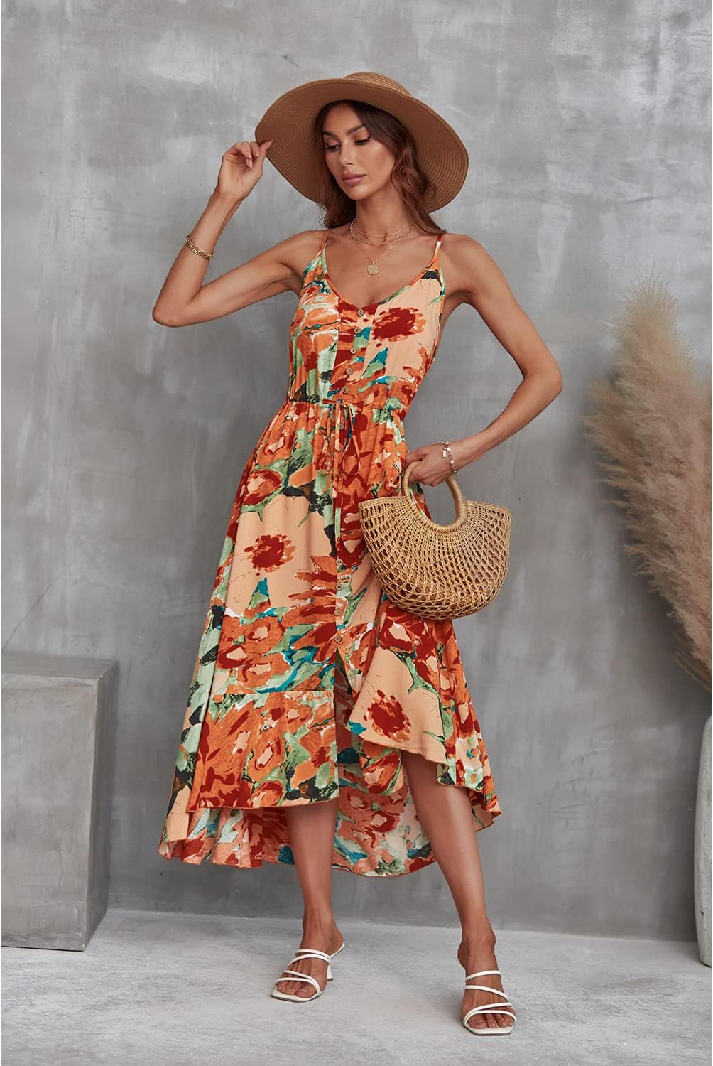 BROVAVE Women's 2024 Summer Casual Boho Sundress Polka Dot Spaghetti Strap V Neck Flowy Midi Dresses