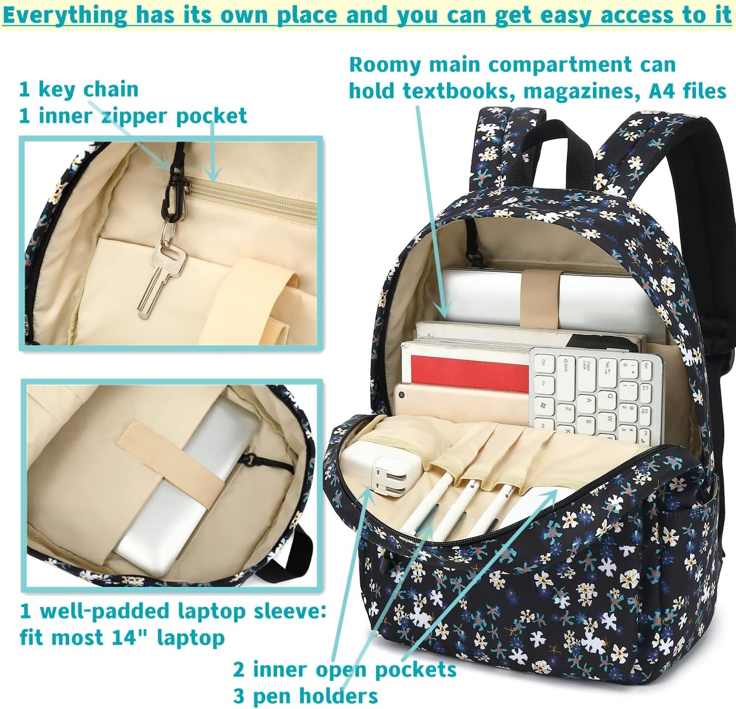 Leaper Fashion Water Resistant School Backpack for Women Beige