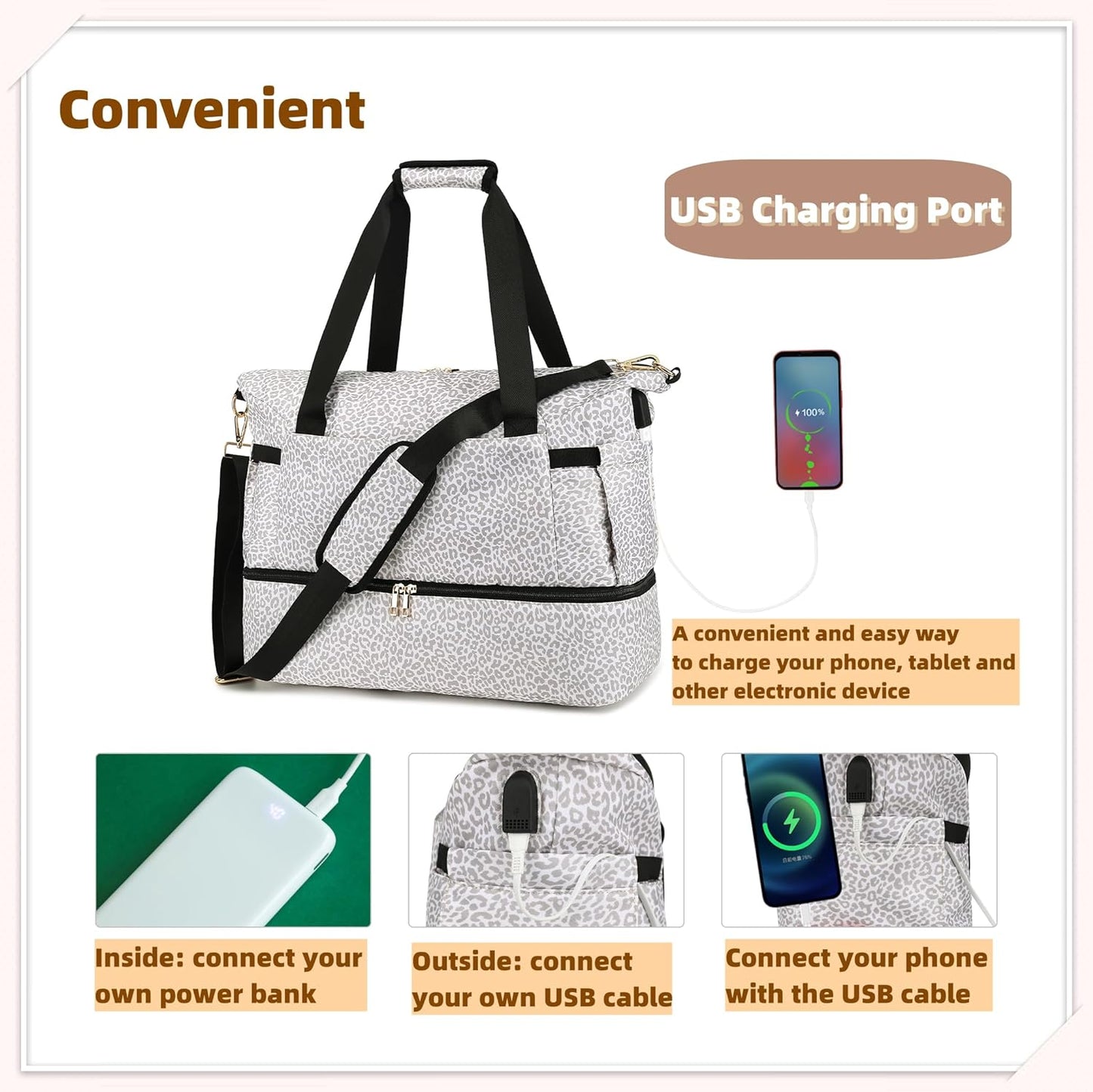 Leaper Sports Duffel Bag with USB Charging Port, Travel Duffle Bag Weekender Overnight Bag, Gym Bag for Women with Wet Pocket and Shoes Compartment, Yoga Crossbody Bag Handbag Beige