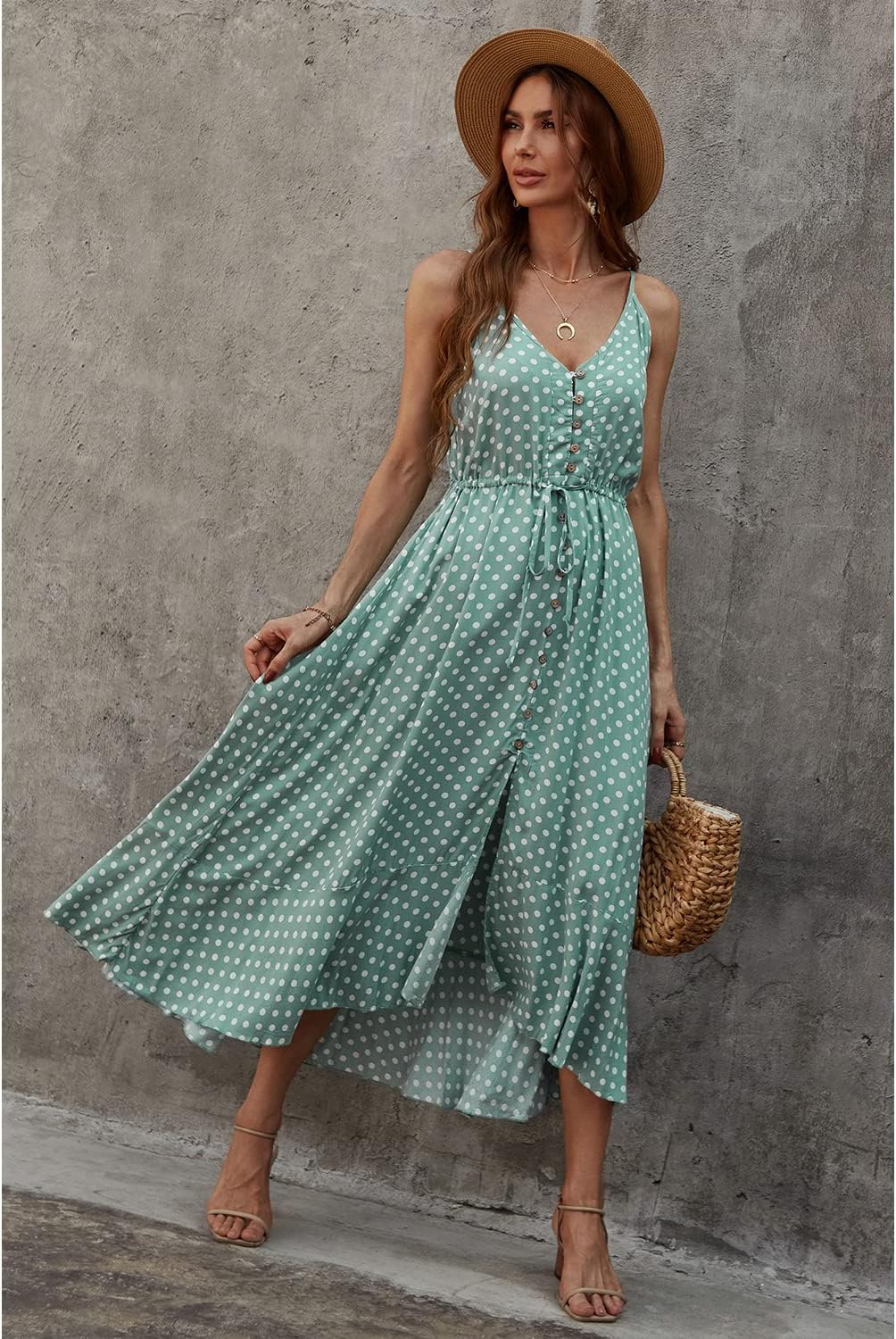 BROVAVE Women's 2024 Summer Casual Boho Sundress Polka Dot Spaghetti Strap V Neck Flowy Midi Dresses