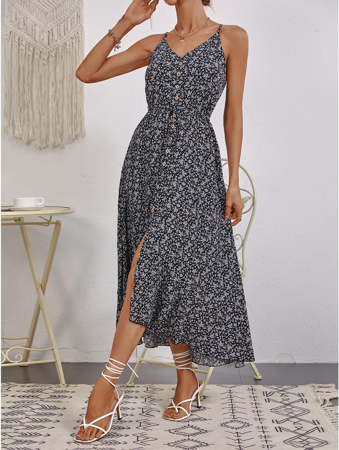 BROVAVE Women's 2024 Summer Casual Boho Sundress Polka Dot Spaghetti Strap V Neck Flowy Midi Dresses