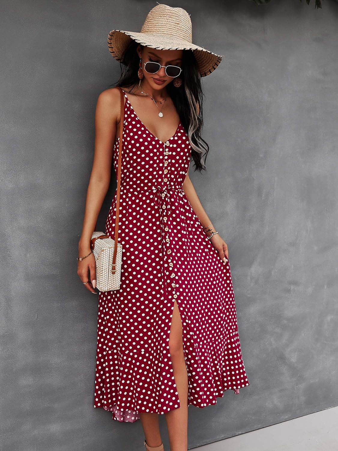 BROVAVE Women's 2024 Summer Casual Boho Sundress Polka Dot Spaghetti Strap V Neck Flowy Midi Dresses