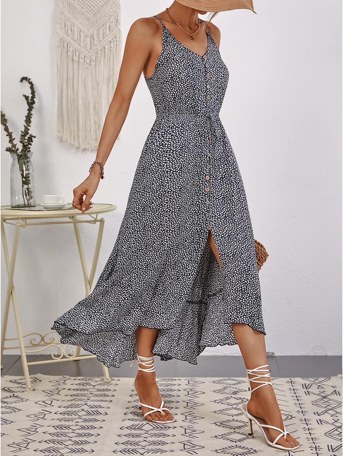 BROVAVE Women's 2024 Summer Casual Boho Sundress Polka Dot Spaghetti Strap V Neck Flowy Midi Dresses