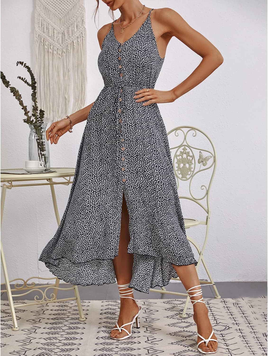 BROVAVE Women's 2024 Summer Casual Boho Sundress Polka Dot Spaghetti Strap V Neck Flowy Midi Dresses