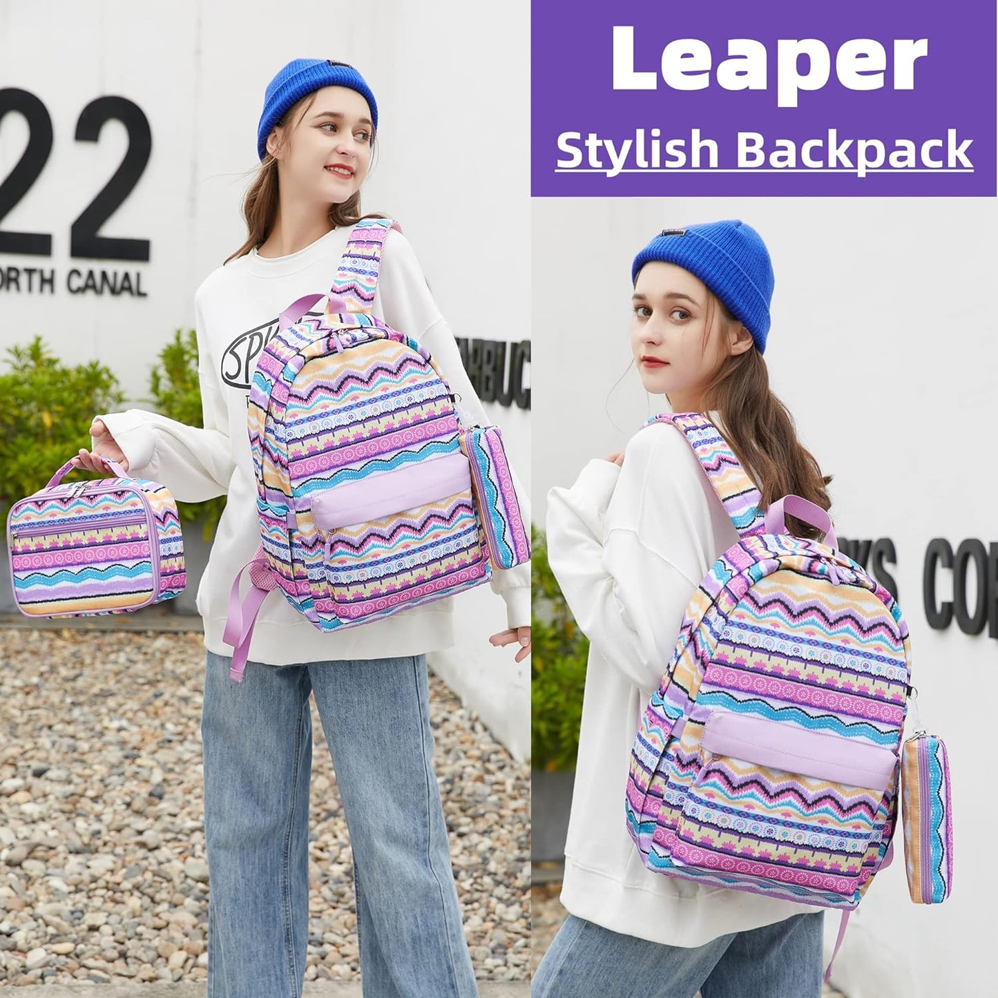 Leaper Geometric Stripe Laptop Backpack Bag Lunch Bag Pencil Bag Set (Black-2116-3)