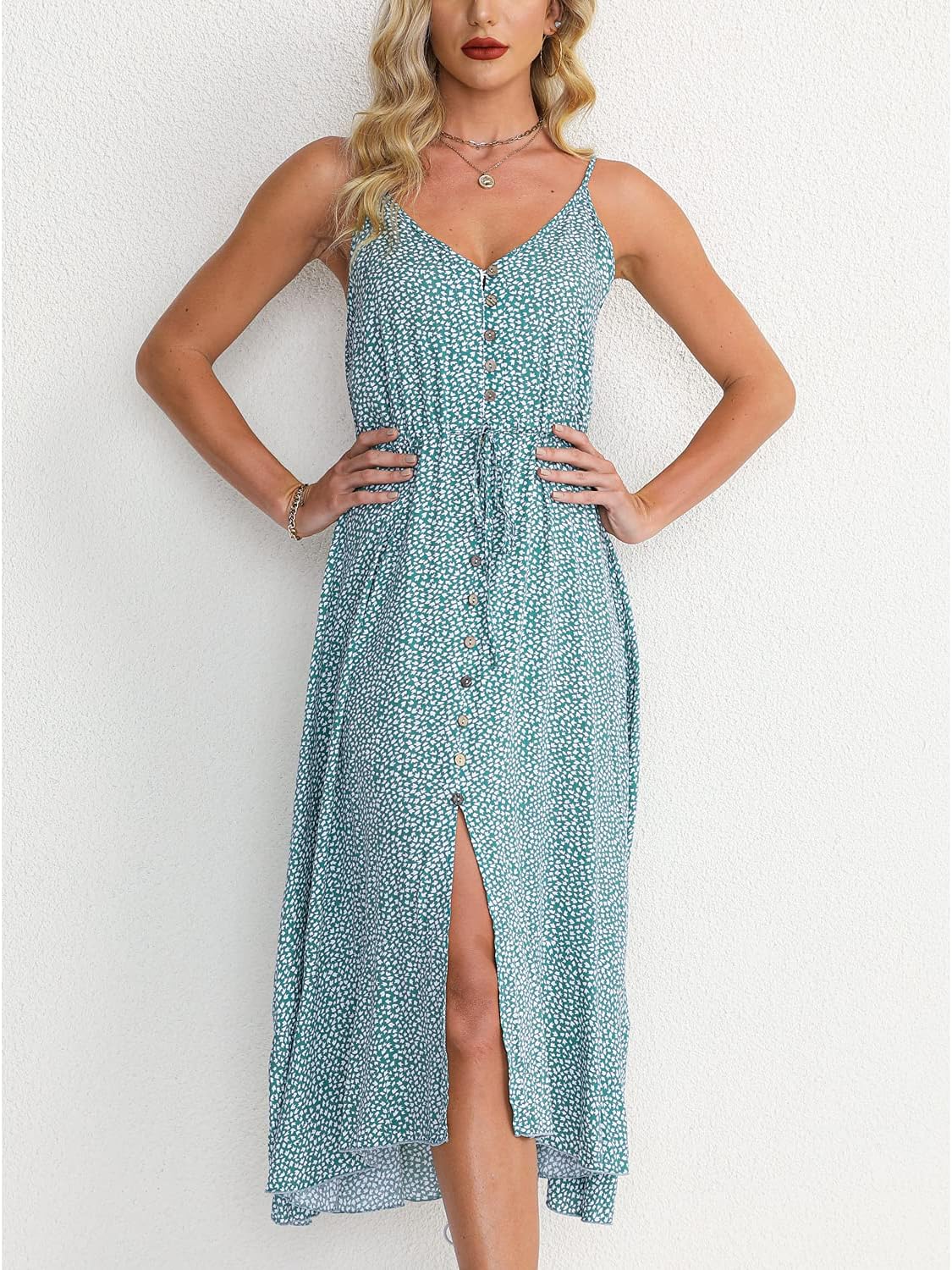 BROVAVE Women's 2024 Summer Casual Boho Sundress Polka Dot Spaghetti Strap V Neck Flowy Midi Dresses