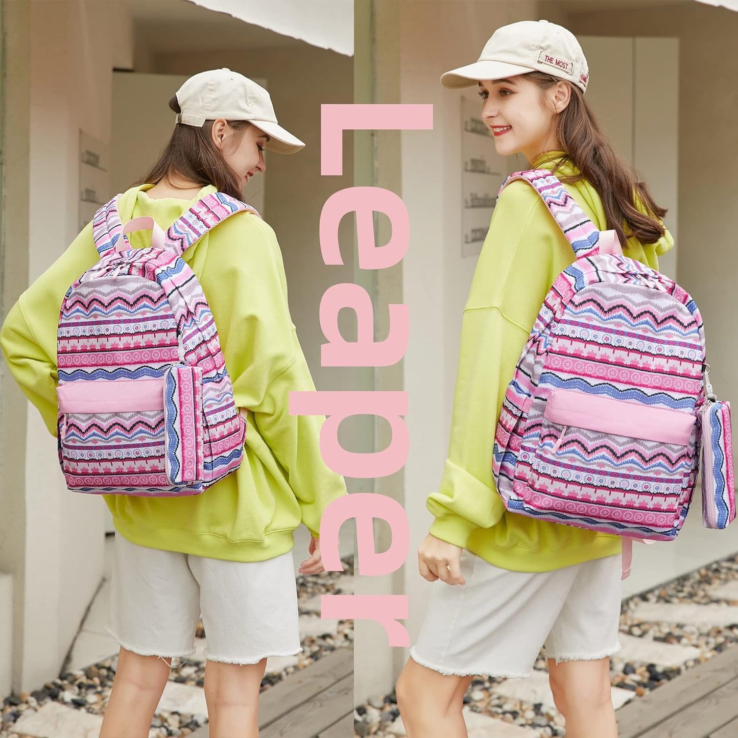Leaper Geometric Stripe Laptop Backpack Bag Lunch Bag Pencil Bag Set (Black-2116-3)