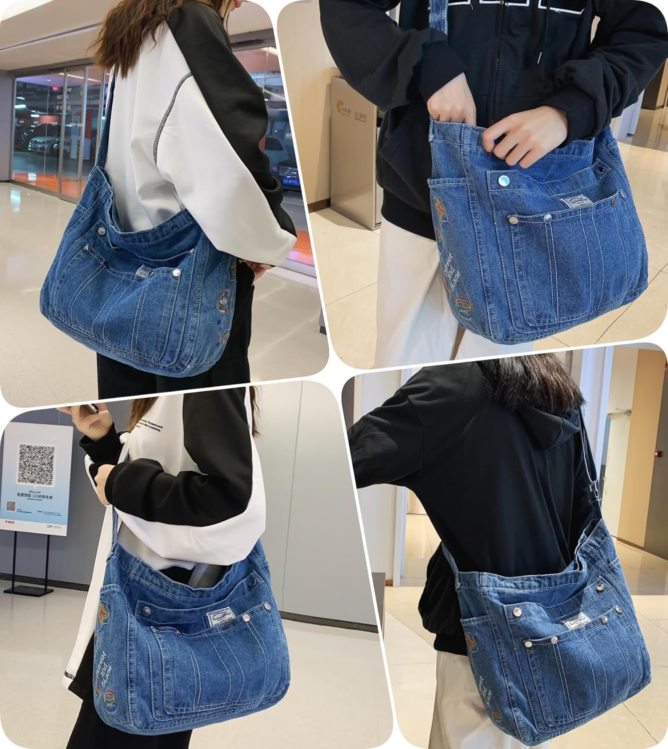 Leaper Denim Tote Bag Denim Shoulder Bag Lightweight Retro Travel Crossbody Hobo Handbag for Women
