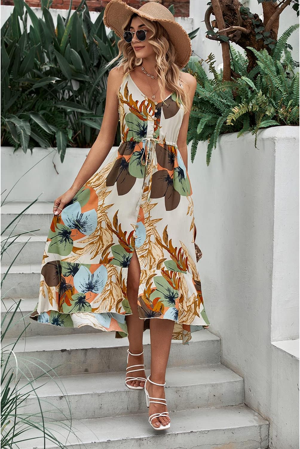 BROVAVE Women's 2024 Summer Casual Boho Sundress Polka Dot Spaghetti Strap V Neck Flowy Midi Dresses