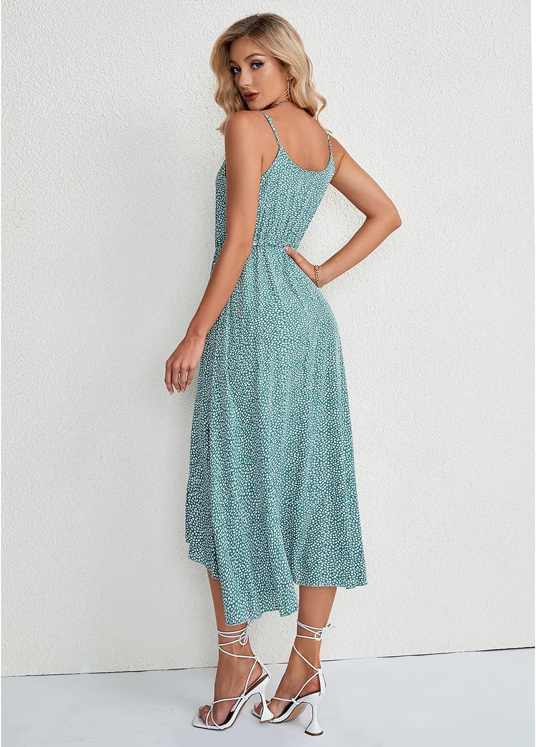 BROVAVE Women's 2024 Summer Casual Boho Sundress Polka Dot Spaghetti Strap V Neck Flowy Midi Dresses