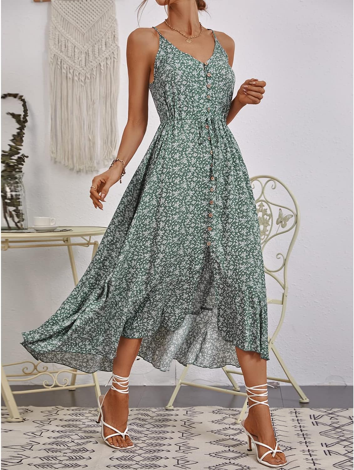 BROVAVE Women's 2024 Summer Casual Boho Sundress Polka Dot Spaghetti Strap V Neck Flowy Midi Dresses