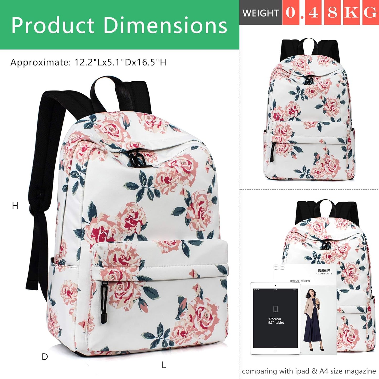 Leaper Fashion Water Resistant School Backpack for Women Beige