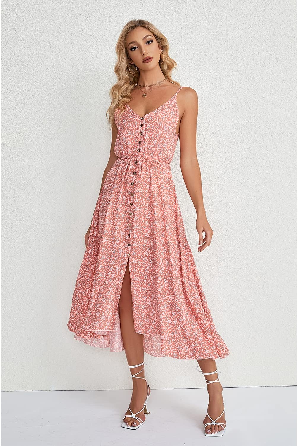 BROVAVE Women's 2024 Summer Casual Boho Sundress Polka Dot Spaghetti Strap V Neck Flowy Midi Dresses