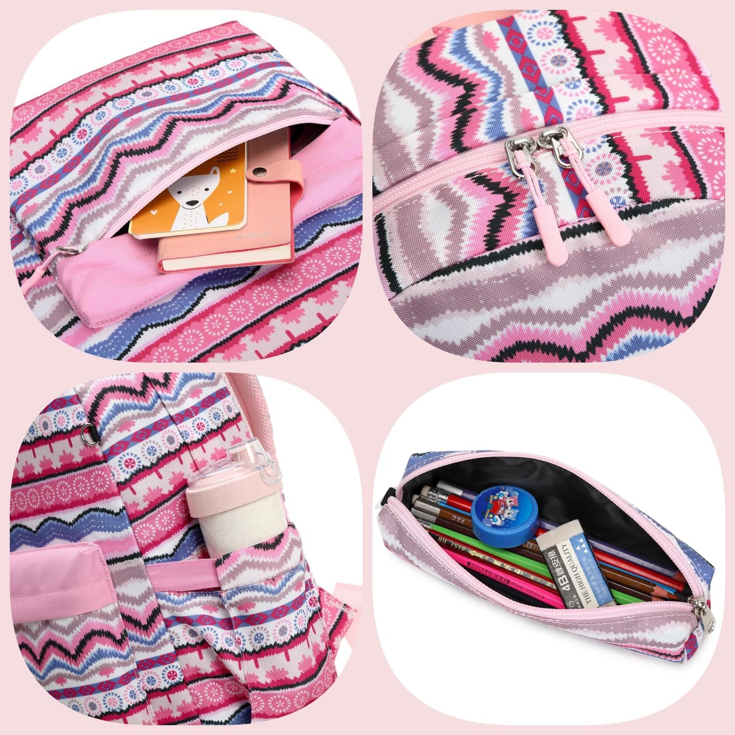 Leaper Geometric Stripe Laptop Backpack Bag Lunch Bag Pencil Bag Set (Black-2116-3)