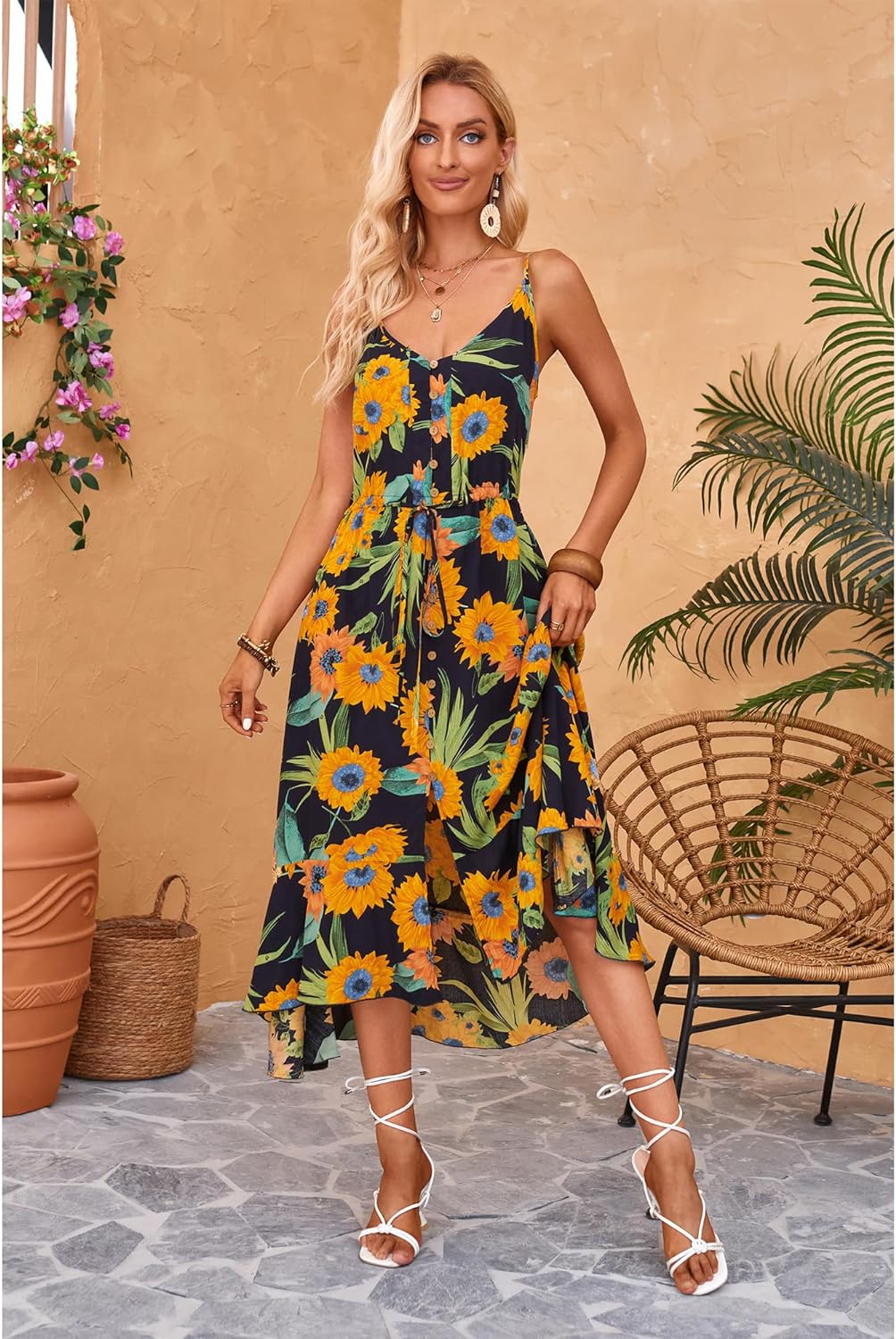 BROVAVE Women's 2024 Summer Casual Boho Sundress Polka Dot Spaghetti Strap V Neck Flowy Midi Dresses