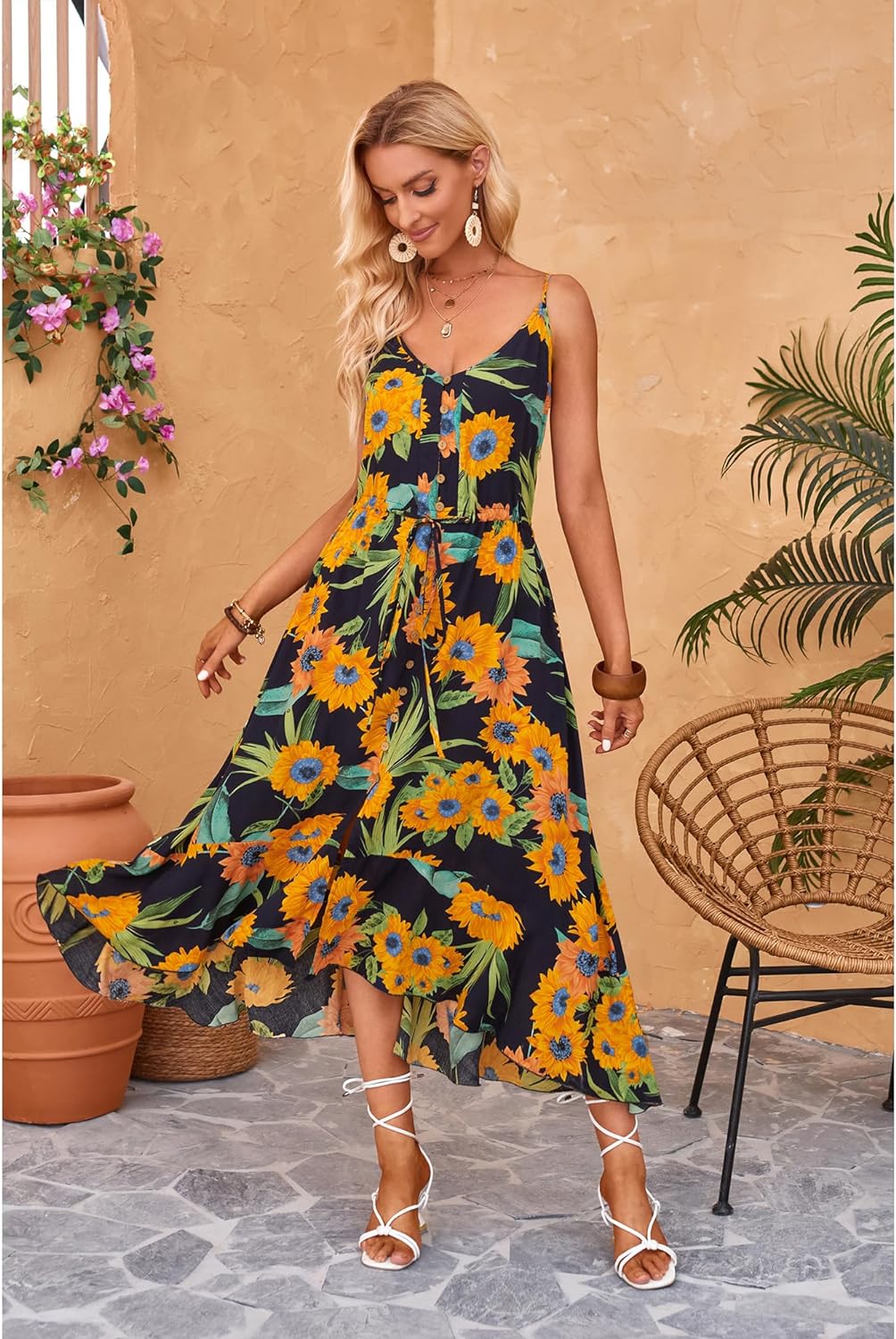BROVAVE Women's 2024 Summer Casual Boho Sundress Polka Dot Spaghetti Strap V Neck Flowy Midi Dresses