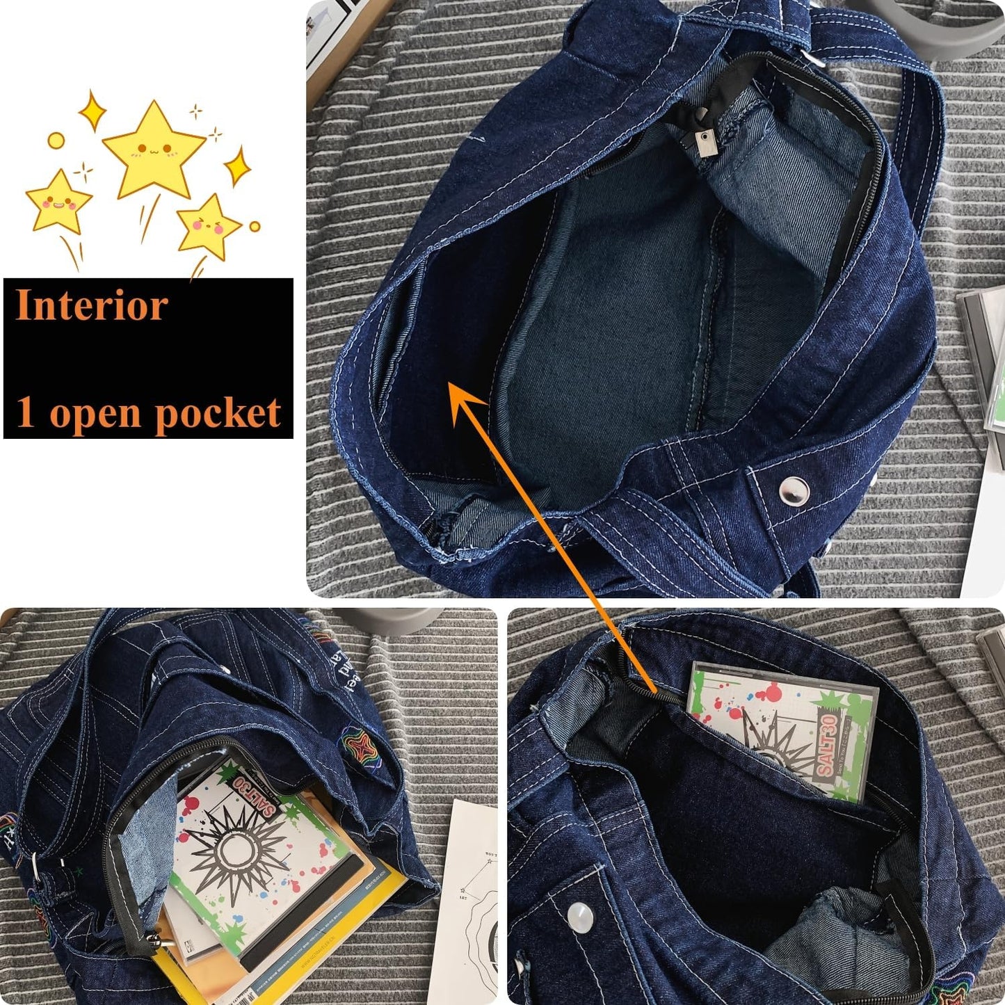 Leaper Denim Tote Bag Denim Shoulder Bag Lightweight Retro Travel Crossbody Hobo Handbag for Women