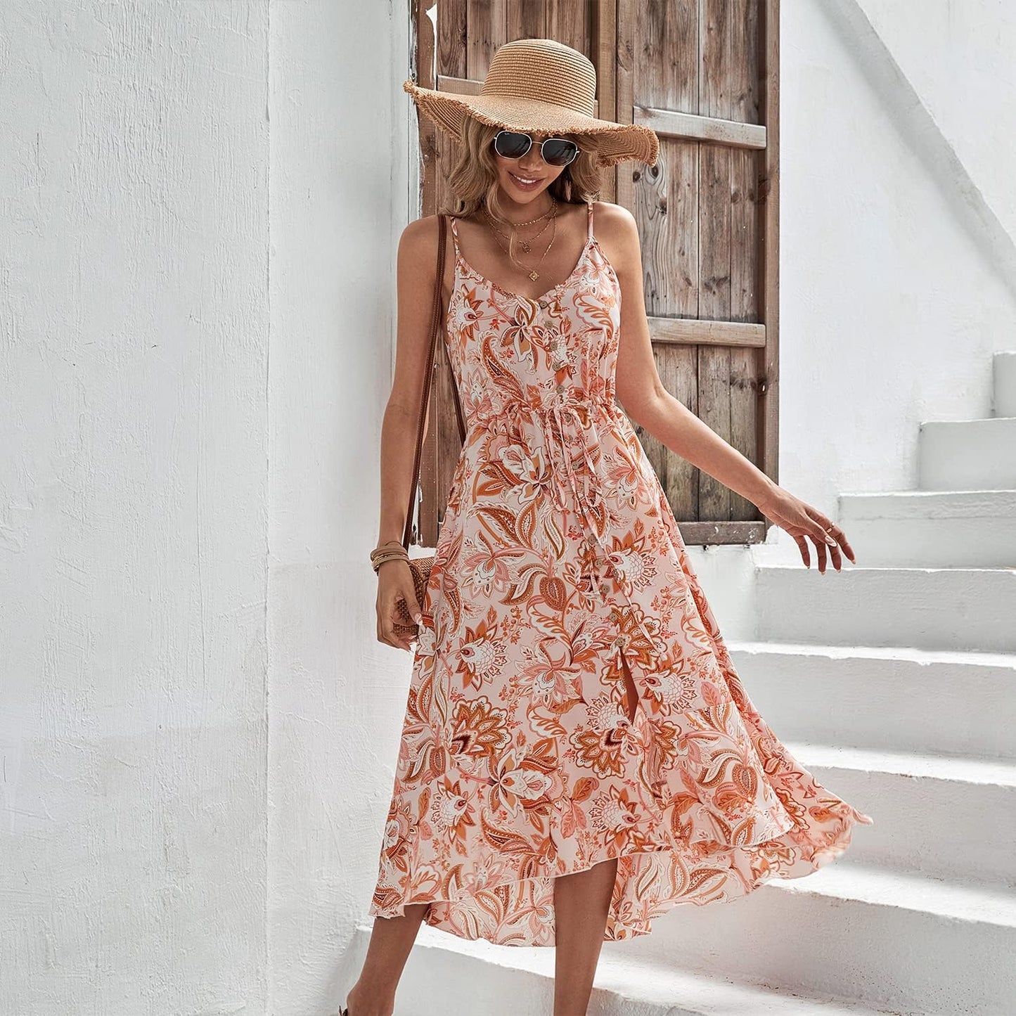 BROVAVE Women's 2024 Summer Casual Boho Sundress Polka Dot Spaghetti Strap V Neck Flowy Midi Dresses