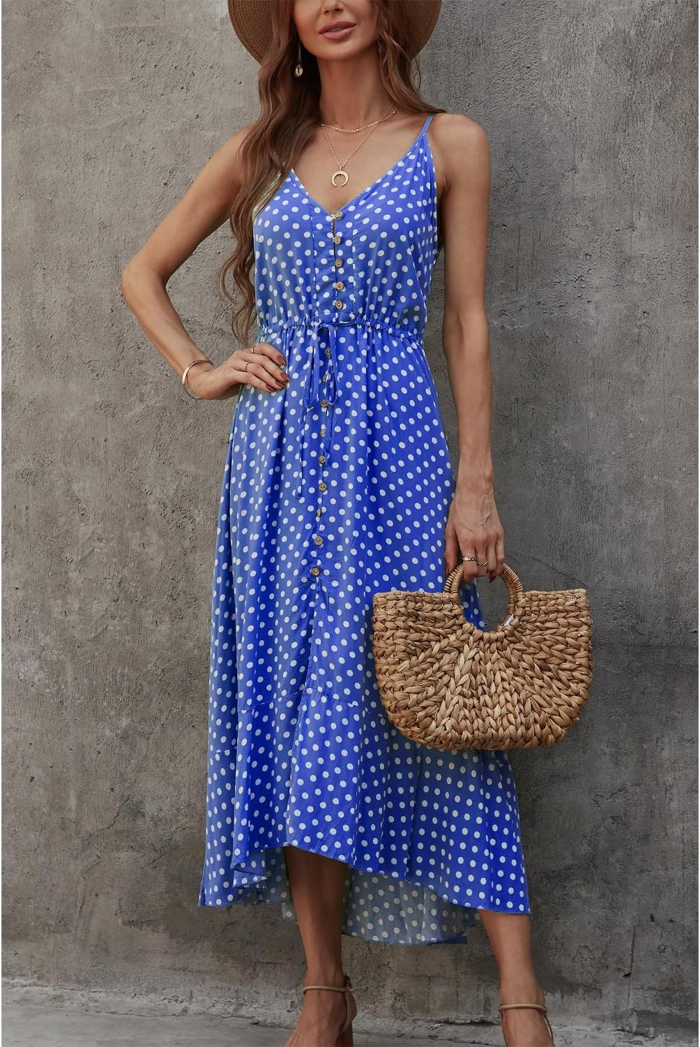 BROVAVE Women's 2024 Summer Casual Boho Sundress Polka Dot Spaghetti Strap V Neck Flowy Midi Dresses