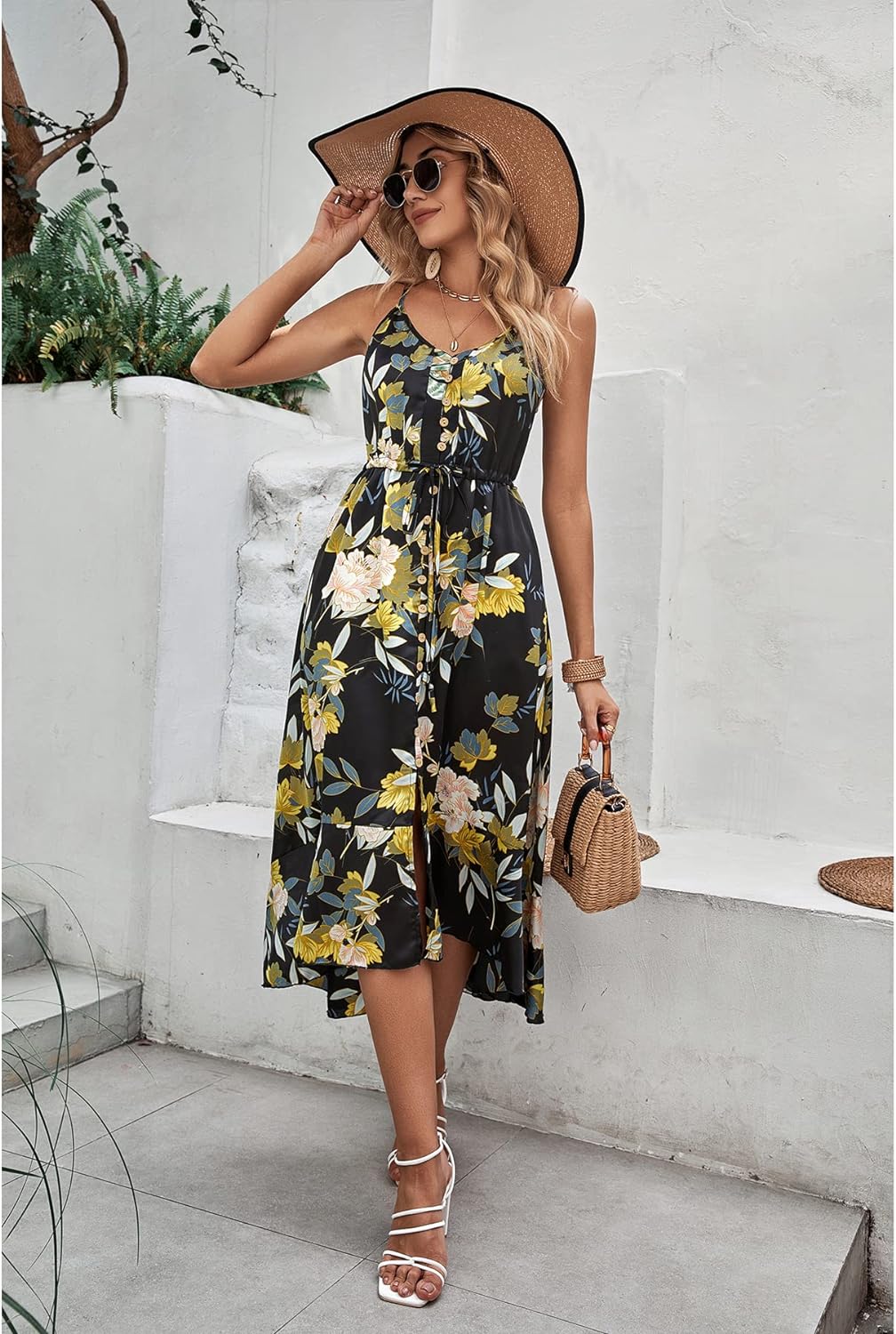BROVAVE Women's 2024 Summer Casual Boho Sundress Polka Dot Spaghetti Strap V Neck Flowy Midi Dresses