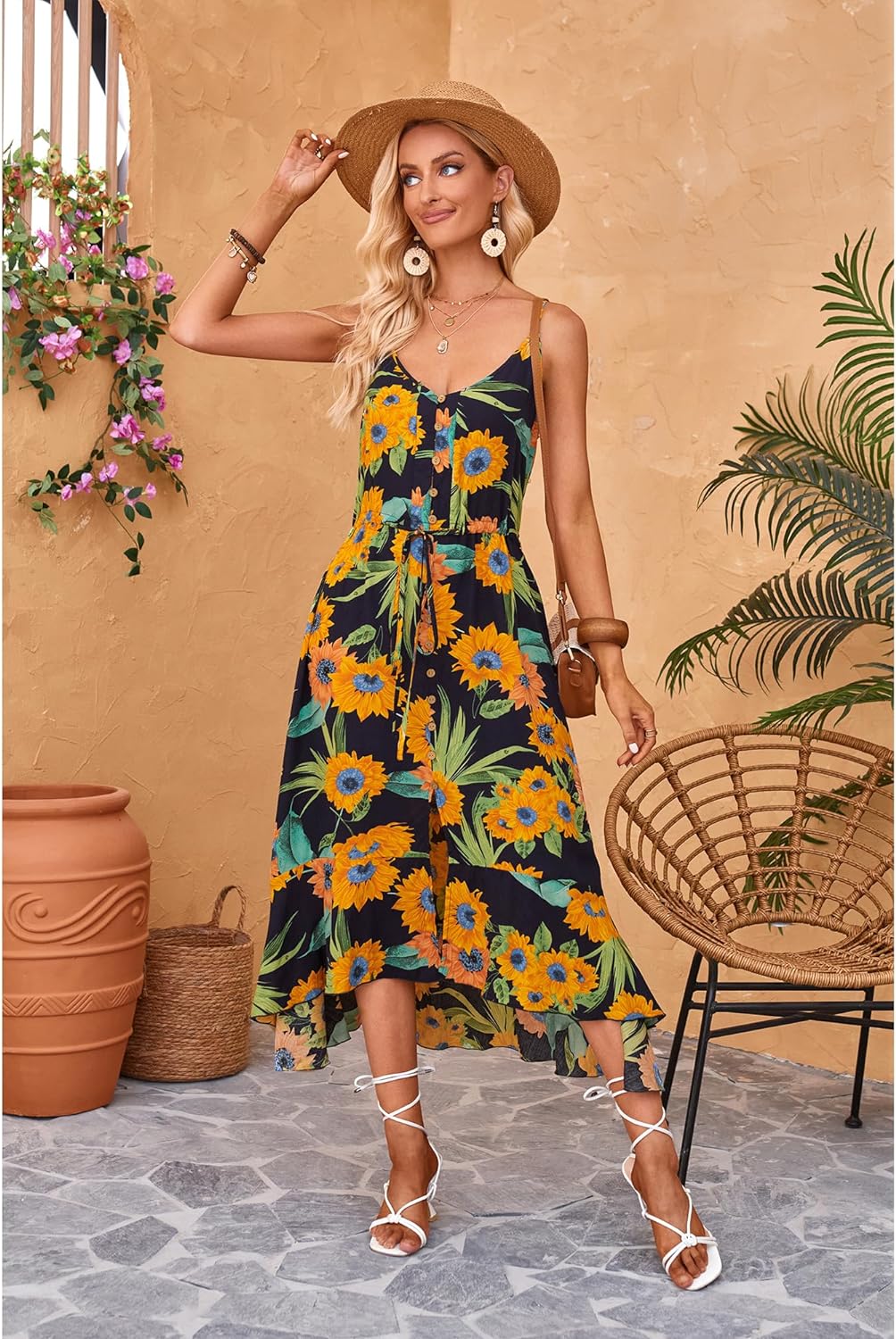 BROVAVE Women's 2024 Summer Casual Boho Sundress Polka Dot Spaghetti Strap V Neck Flowy Midi Dresses