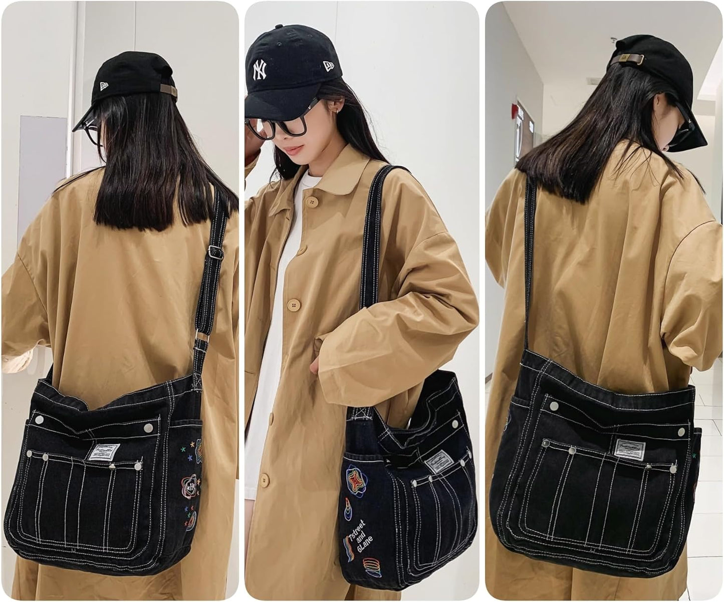 Leaper Denim Tote Bag Denim Shoulder Bag Lightweight Retro Travel Crossbody Hobo Handbag for Women