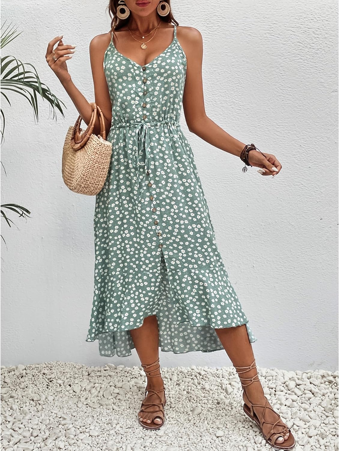 BROVAVE Women's 2024 Summer Casual Boho Sundress Polka Dot Spaghetti Strap V Neck Flowy Midi Dresses