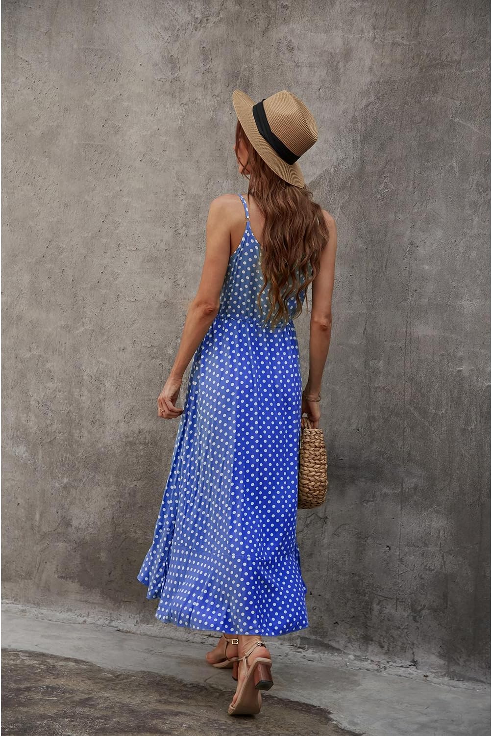 BROVAVE Women's 2024 Summer Casual Boho Sundress Polka Dot Spaghetti Strap V Neck Flowy Midi Dresses