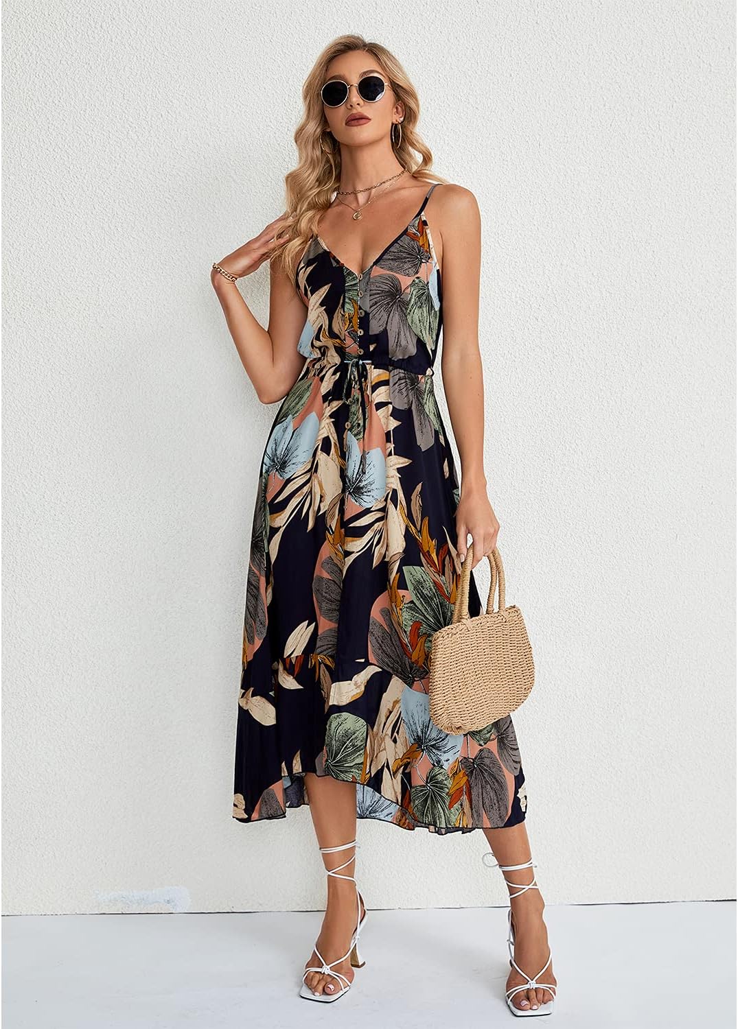 BROVAVE Women's 2024 Summer Casual Boho Sundress Polka Dot Spaghetti Strap V Neck Flowy Midi Dresses
