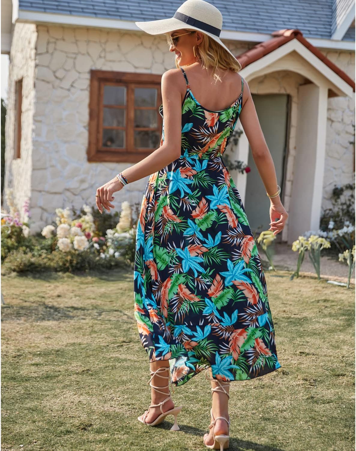 BROVAVE Women's 2024 Summer Casual Boho Sundress Polka Dot Spaghetti Strap V Neck Flowy Midi Dresses