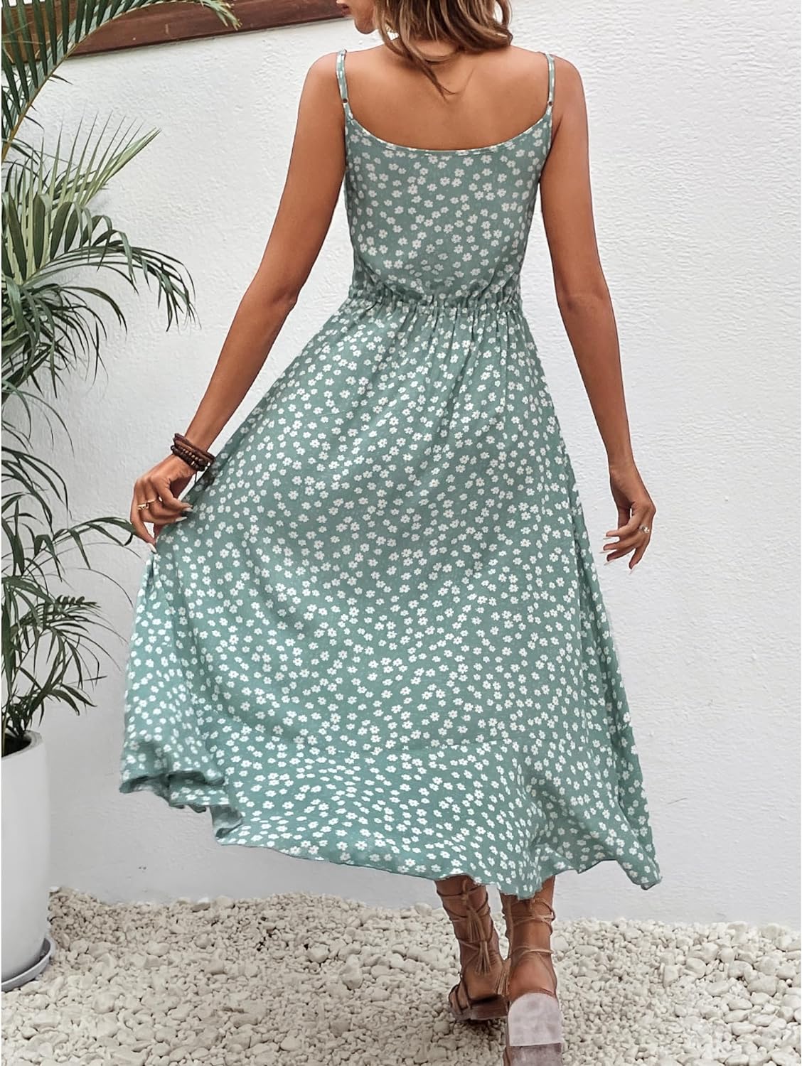 BROVAVE Women's 2024 Summer Casual Boho Sundress Polka Dot Spaghetti Strap V Neck Flowy Midi Dresses