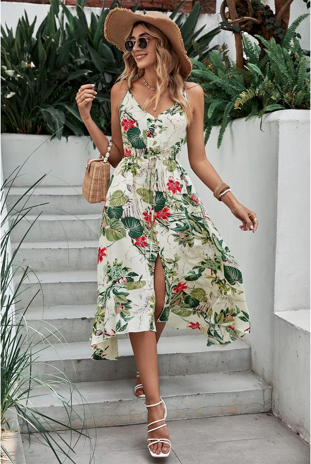 BROVAVE Women's 2024 Summer Casual Boho Sundress Polka Dot Spaghetti Strap V Neck Flowy Midi Dresses