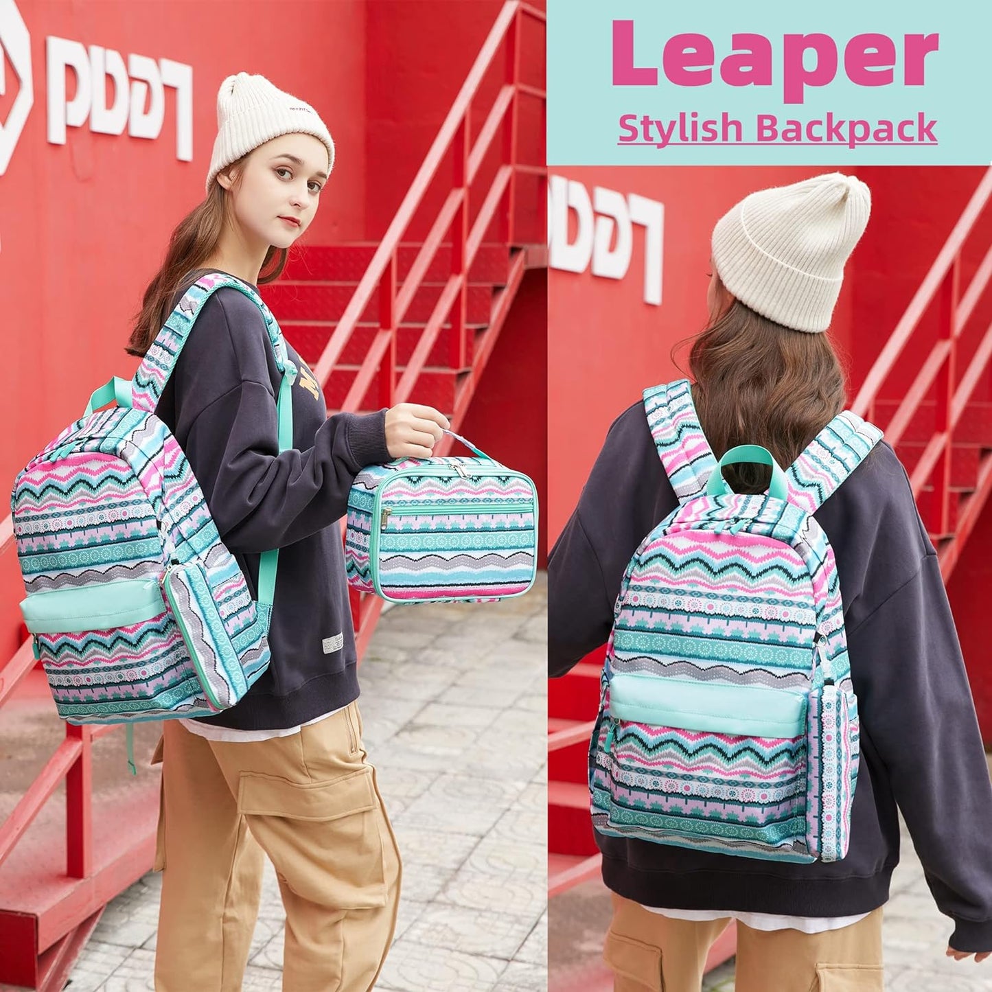 Leaper Geometric Stripe Laptop Backpack Bag Lunch Bag Pencil Bag Set (Black-2116-3)