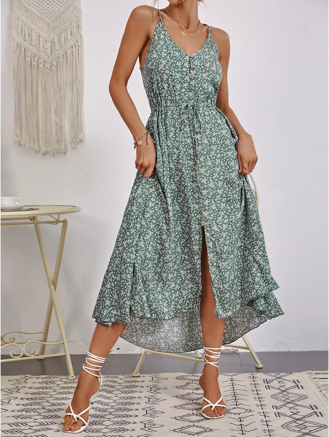 BROVAVE Women's 2024 Summer Casual Boho Sundress Polka Dot Spaghetti Strap V Neck Flowy Midi Dresses