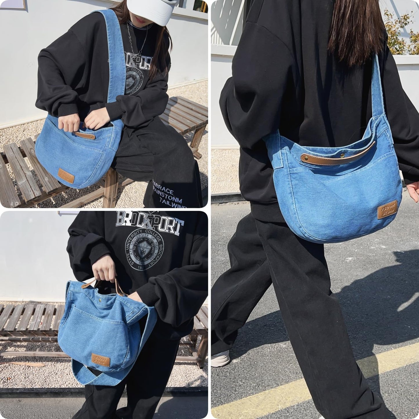 Leaper Denim Tote Bag Denim Shoulder Bag Lightweight Retro Travel Crossbody Hobo Handbag for Women
