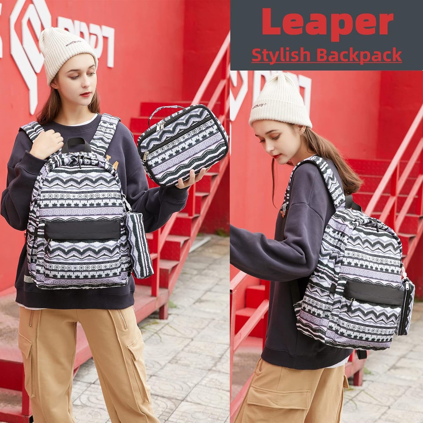 Leaper Geometric Stripe Laptop Backpack Bag Lunch Bag Pencil Bag Set (Black-2116-3)