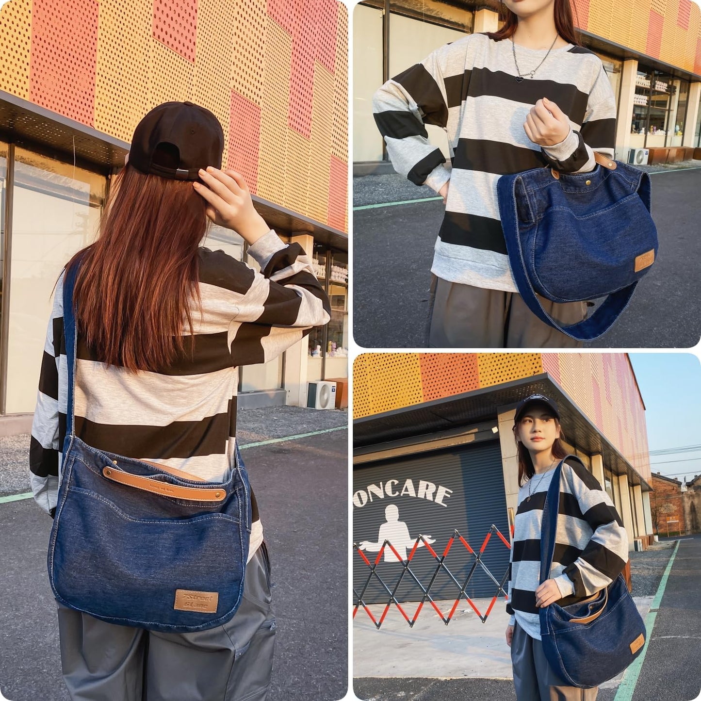 Leaper Denim Tote Bag Denim Shoulder Bag Lightweight Retro Travel Crossbody Hobo Handbag for Women