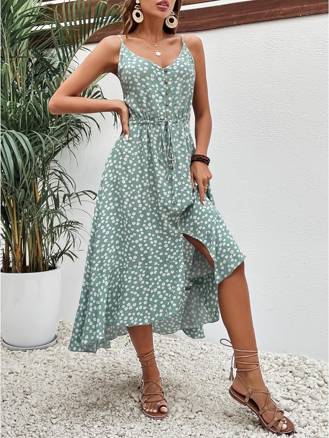 BROVAVE Women's 2024 Summer Casual Boho Sundress Polka Dot Spaghetti Strap V Neck Flowy Midi Dresses