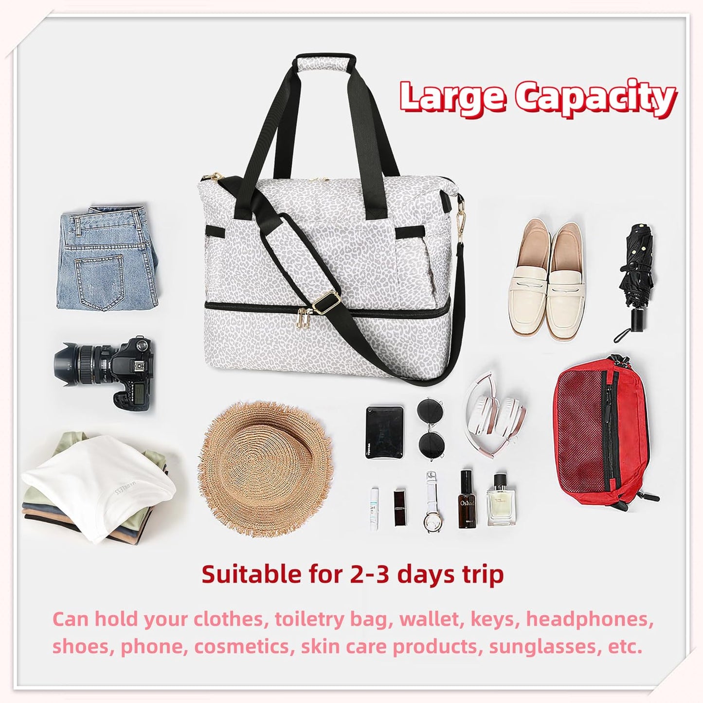 Leaper Sports Duffel Bag with USB Charging Port, Travel Duffle Bag Weekender Overnight Bag, Gym Bag for Women with Wet Pocket and Shoes Compartment, Yoga Crossbody Bag Handbag Beige