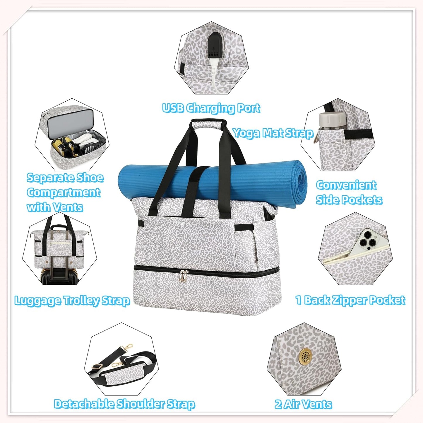 Leaper Sports Duffel Bag with USB Charging Port, Travel Duffle Bag Weekender Overnight Bag, Gym Bag for Women with Wet Pocket and Shoes Compartment, Yoga Crossbody Bag Handbag Beige