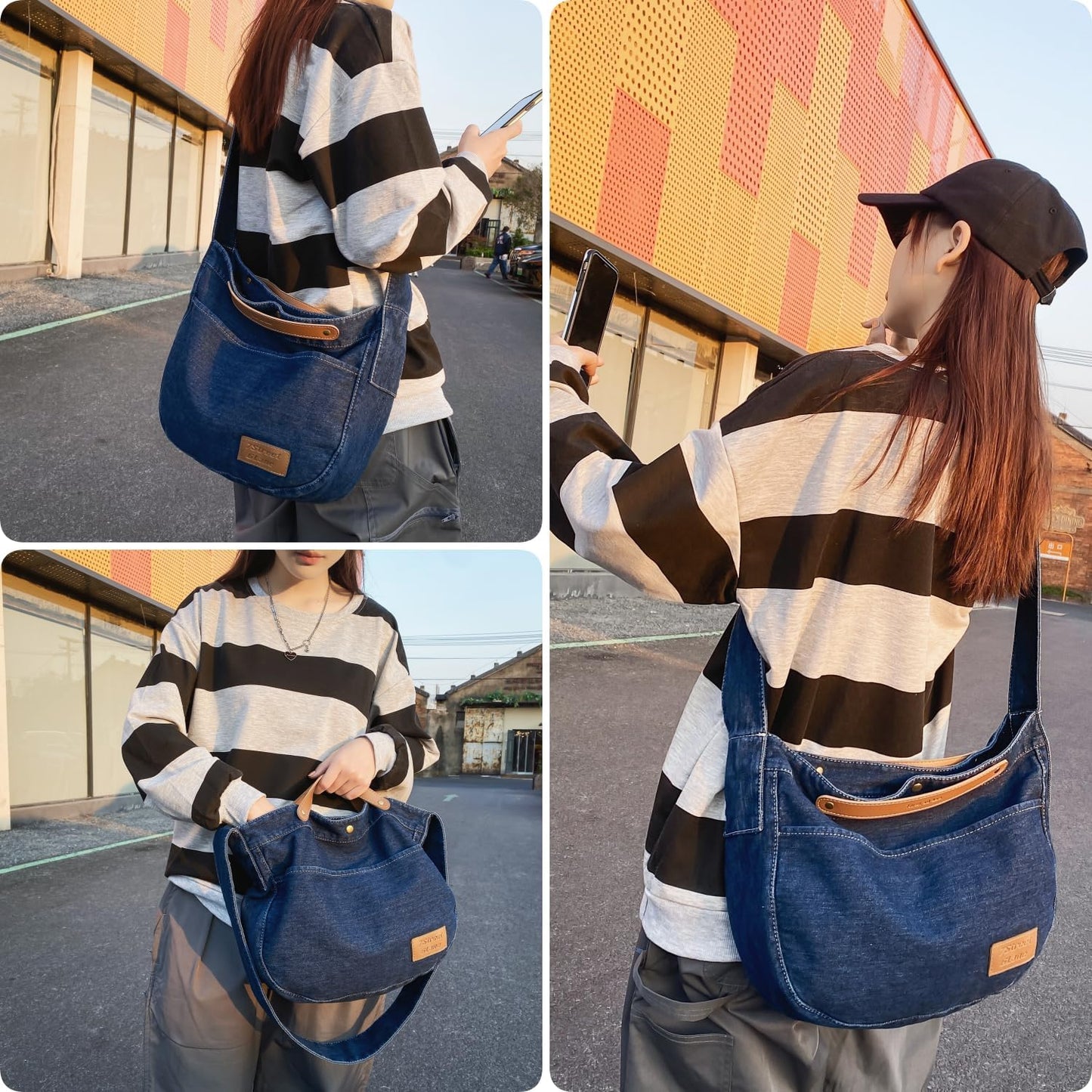 Leaper Denim Tote Bag Denim Shoulder Bag Lightweight Retro Travel Crossbody Hobo Handbag for Women