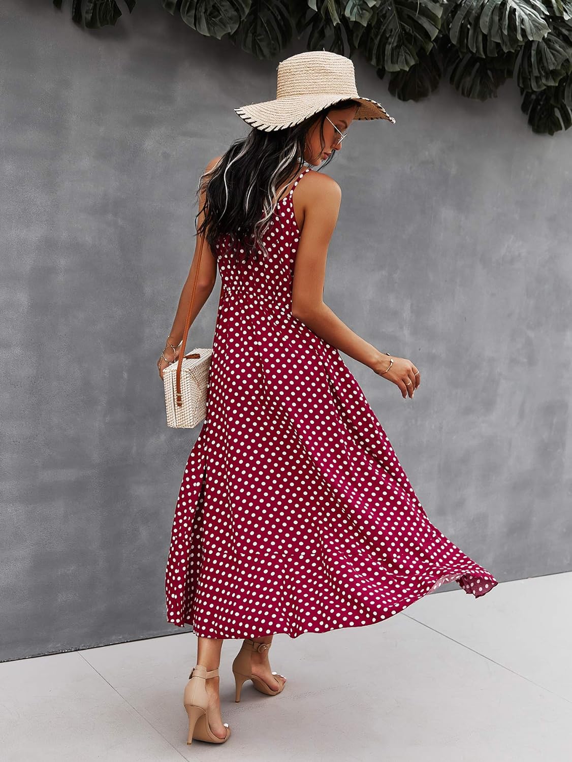 BROVAVE Women's 2024 Summer Casual Boho Sundress Polka Dot Spaghetti Strap V Neck Flowy Midi Dresses