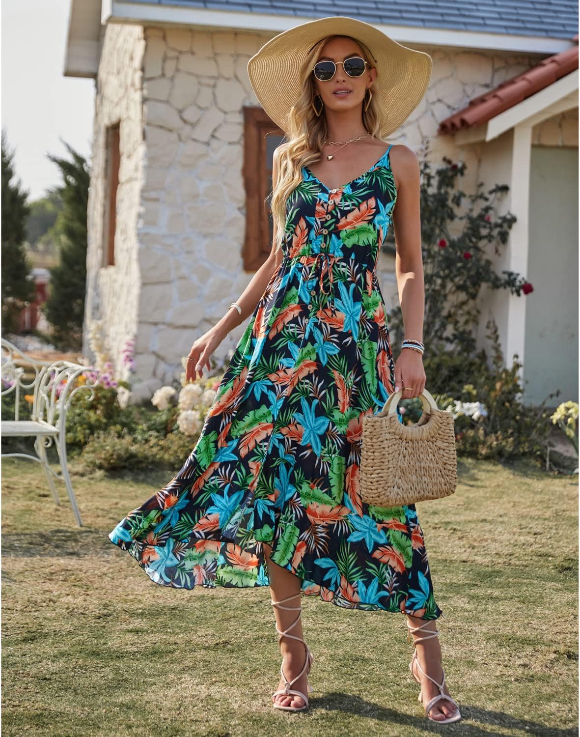 BROVAVE Women's 2024 Summer Casual Boho Sundress Polka Dot Spaghetti Strap V Neck Flowy Midi Dresses