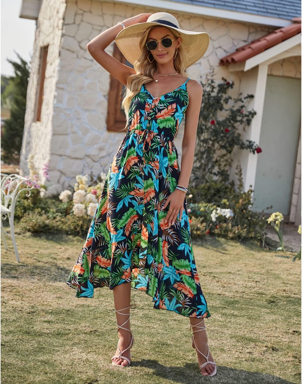BROVAVE Women's 2024 Summer Casual Boho Sundress Polka Dot Spaghetti Strap V Neck Flowy Midi Dresses