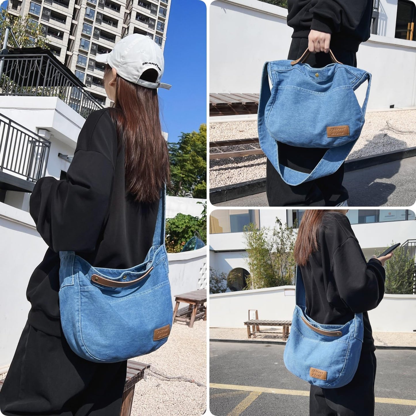 Leaper Denim Tote Bag Denim Shoulder Bag Lightweight Retro Travel Crossbody Hobo Handbag for Women