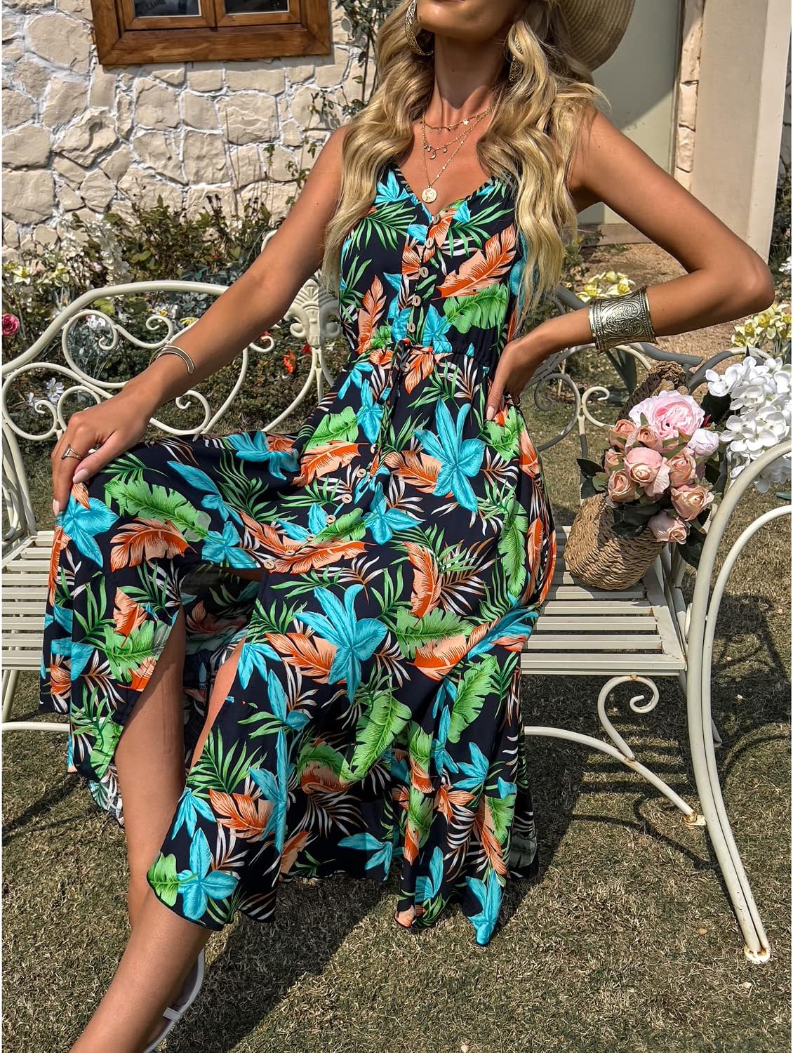 BROVAVE Women's 2024 Summer Casual Boho Sundress Polka Dot Spaghetti Strap V Neck Flowy Midi Dresses