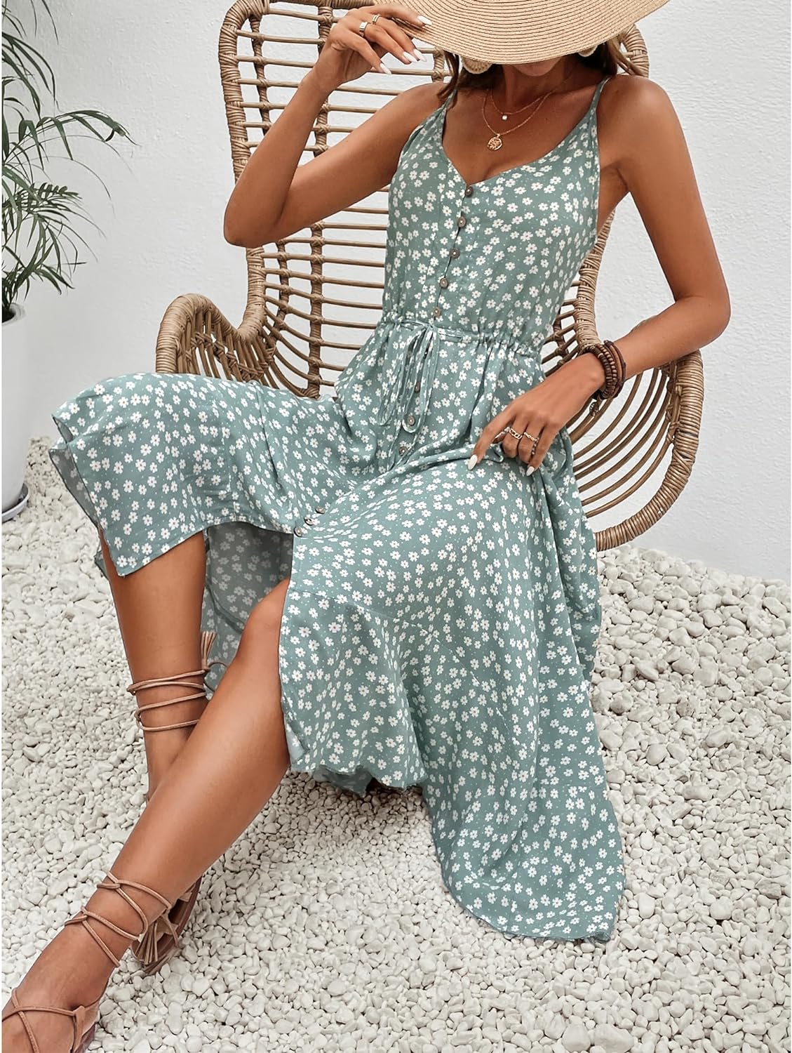 BROVAVE Women's 2024 Summer Casual Boho Sundress Polka Dot Spaghetti Strap V Neck Flowy Midi Dresses
